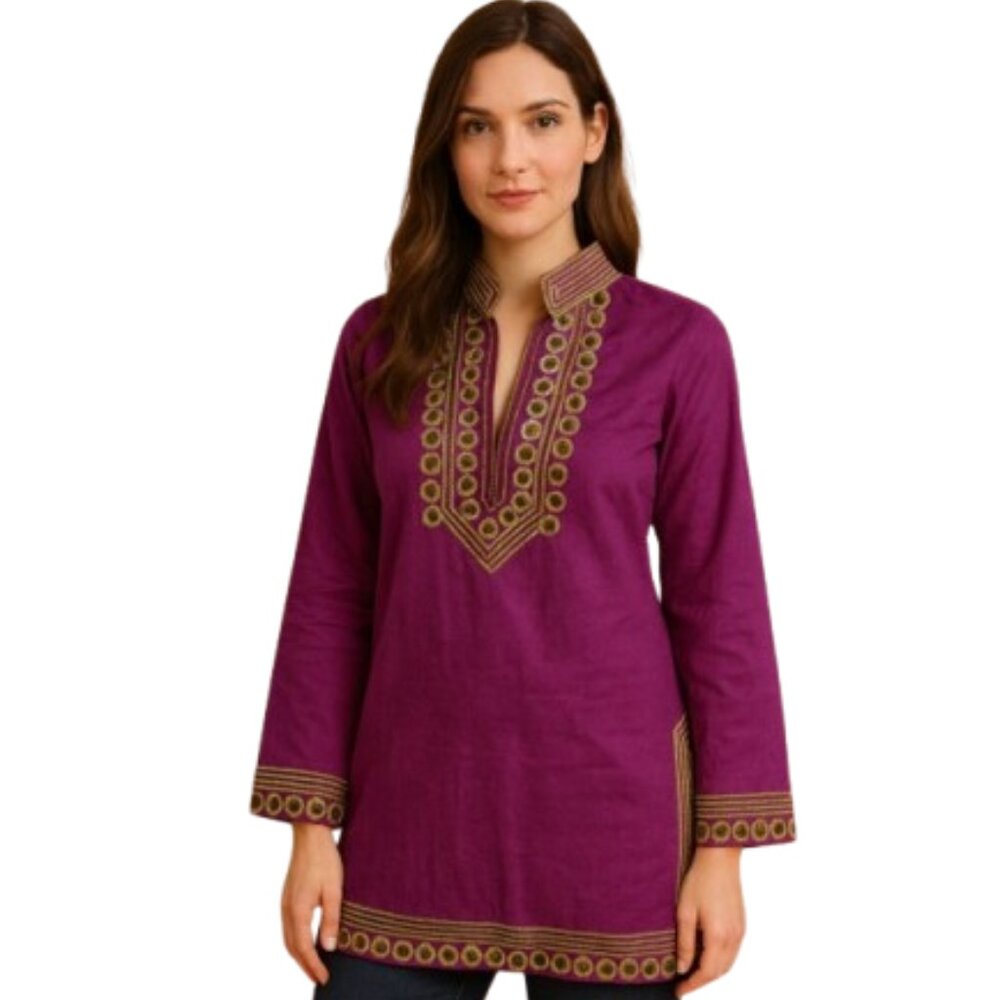 Tory Burch Magenta Fushia Gold Embroidered Beaded Button Trim Tunic Size 4